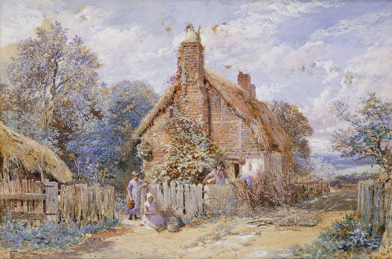 Barn vid en stuga med halmtak på Chiddingfold, av Myles Birket Foster