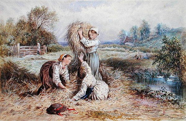 Barn som leker på en äng (akvarell på papper) av Myles Birket Foster
