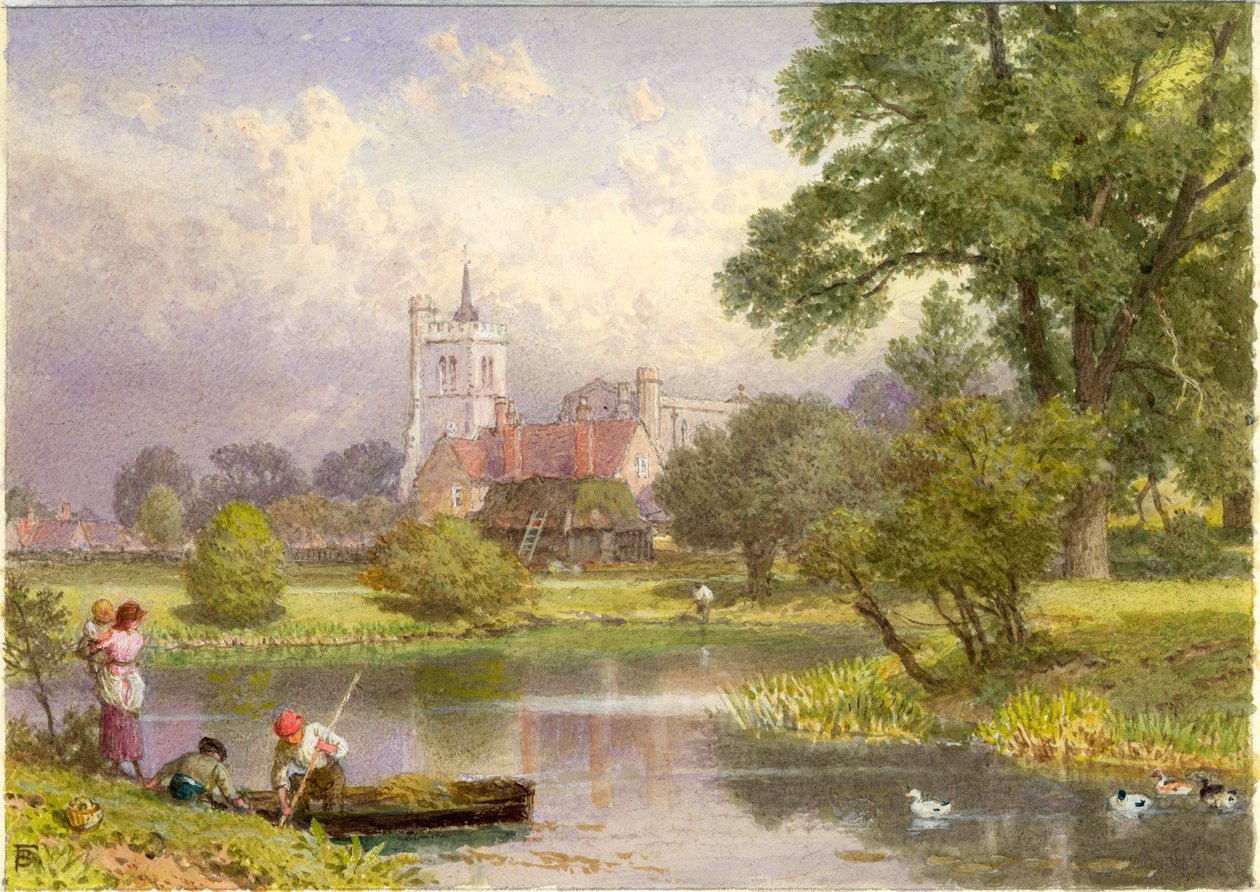 Elstow, Bedfordshire (John Bunyans födelseplats) (bc och wc på kort) av Myles Birket Foster