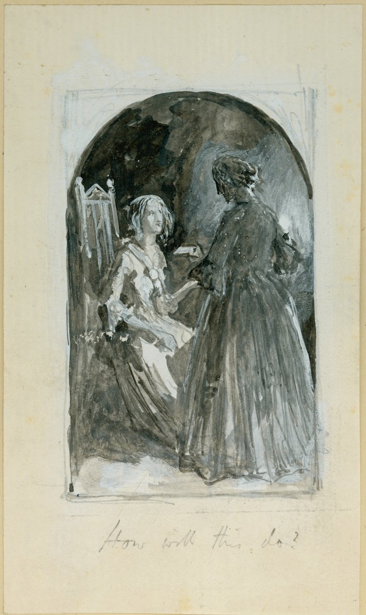 "Emma som tar billet från Madelaine i hennes hårda hand" (bc, penna och wc på papper) av Myles Birket Foster