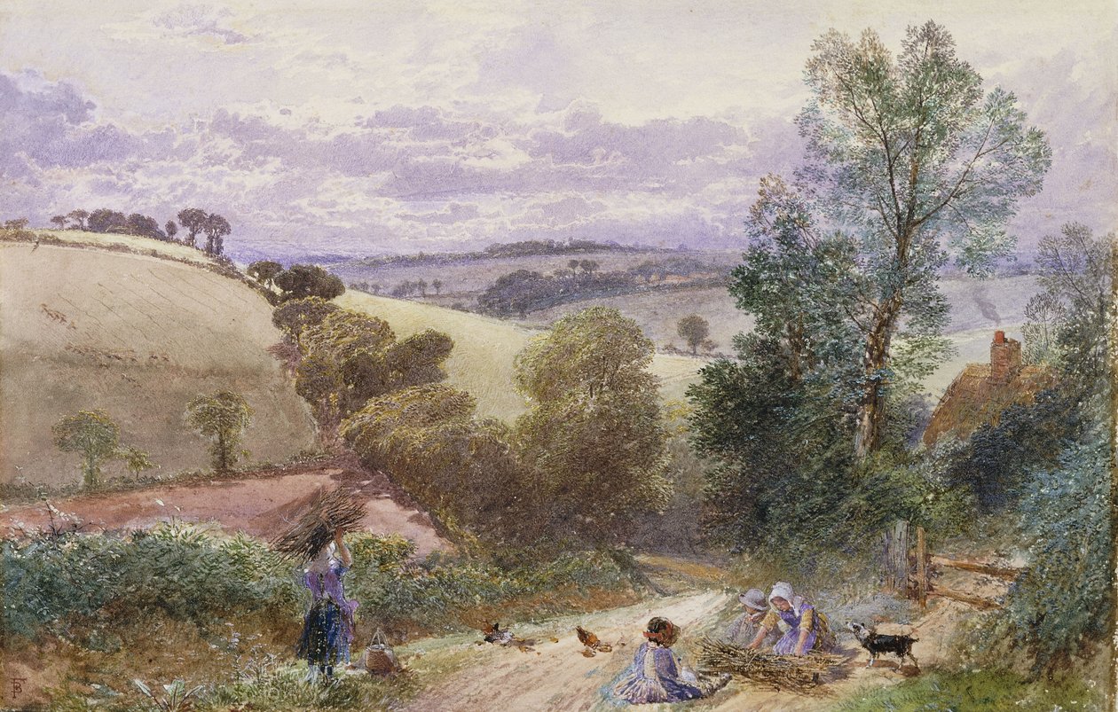 Figurer som samlar kvistar vid en väg av Myles Birket Foster