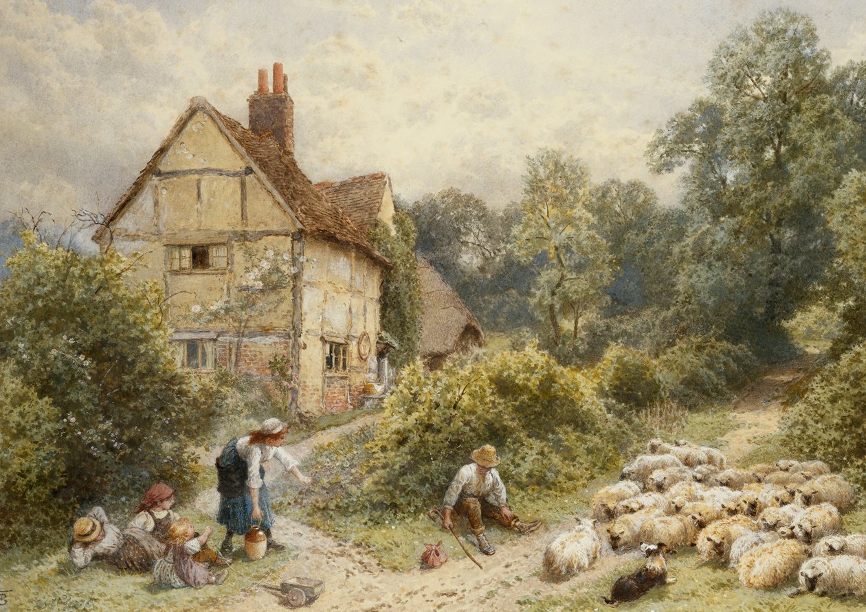 Fowl House Farm, Witley, med barn, en herde och en fårflock i närheten, av Myles Birket Foster