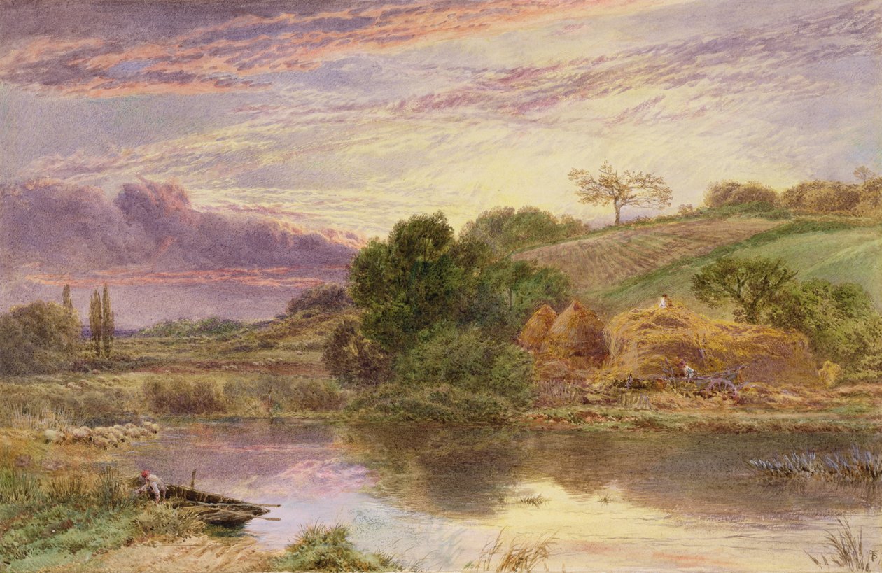 Haymakers Beside a River at Evening (akvarell förhöjd med vitt) av Myles Birket Foster
