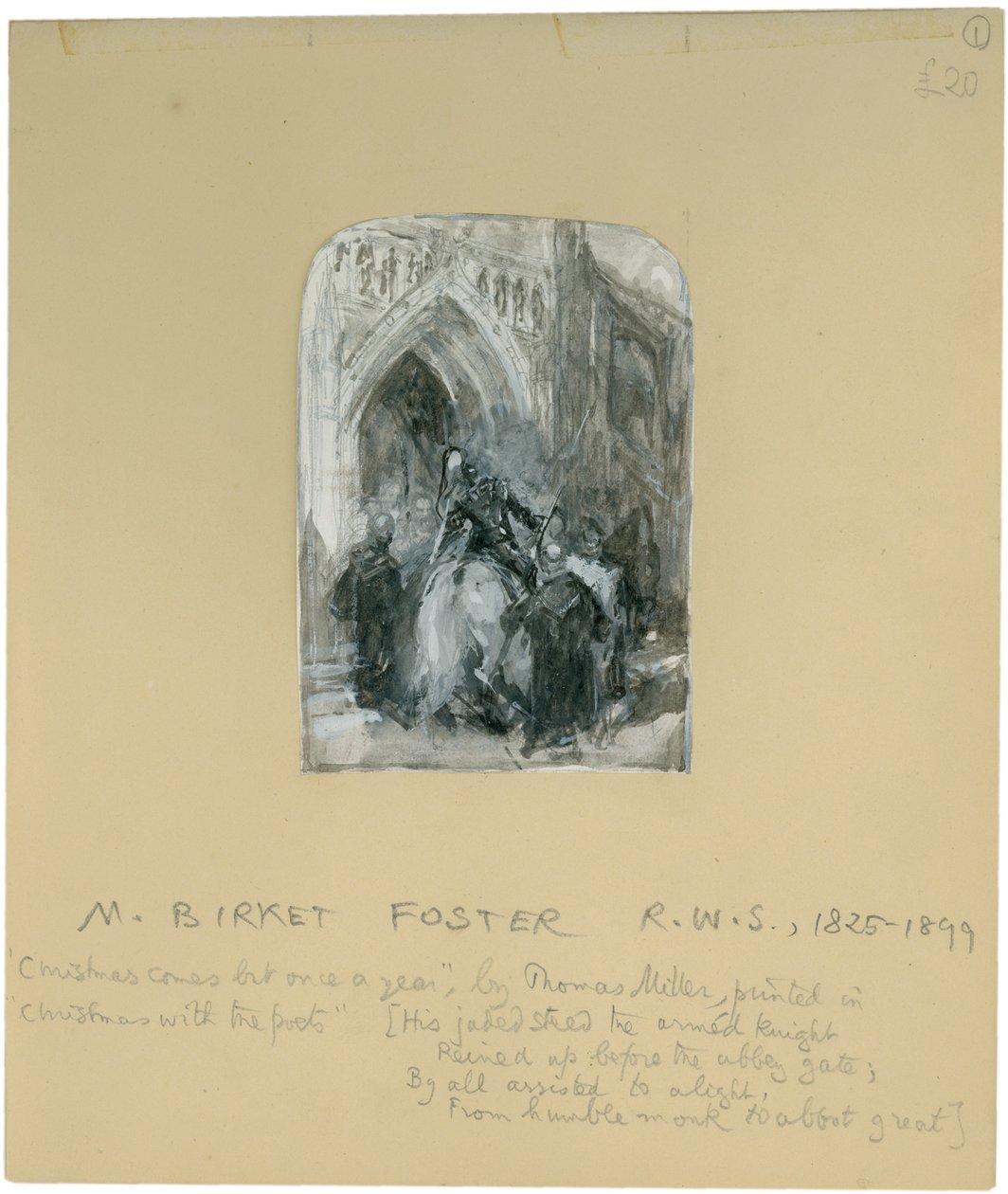 "His Jaded Steed the Armed Knight Reined Up Before the Abbey Gate" (bc, penna och wc på papper) av Myles Birket Foster