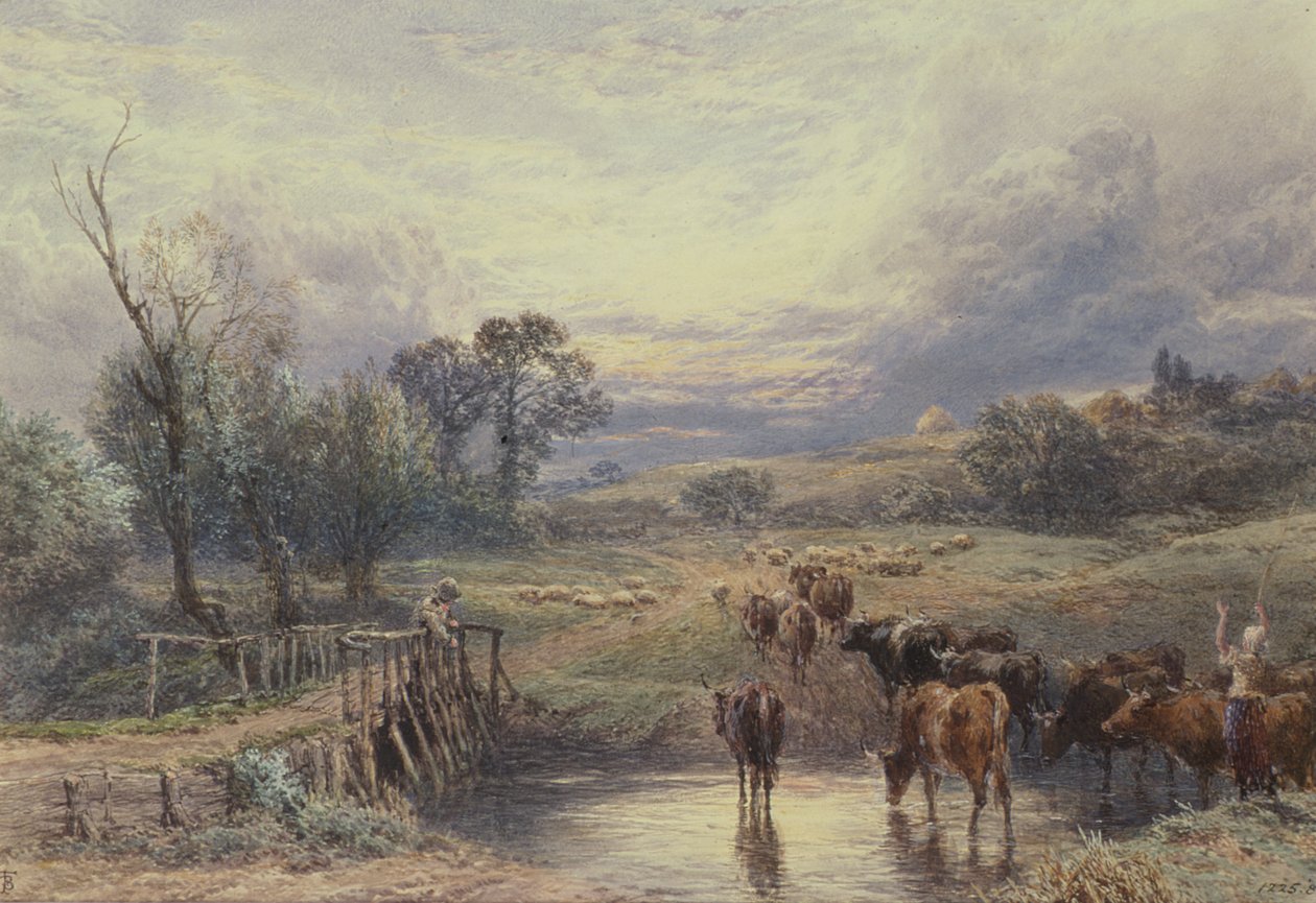 Landskap med boskap och bro, 1800-talet av Myles Birket Foster