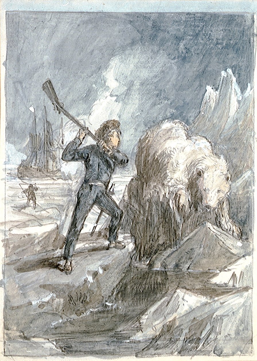 Nelson möter en björn, ca 1854 (grå lav, förstärkt med vitt, akvarell, grafit) av Myles Birket Foster