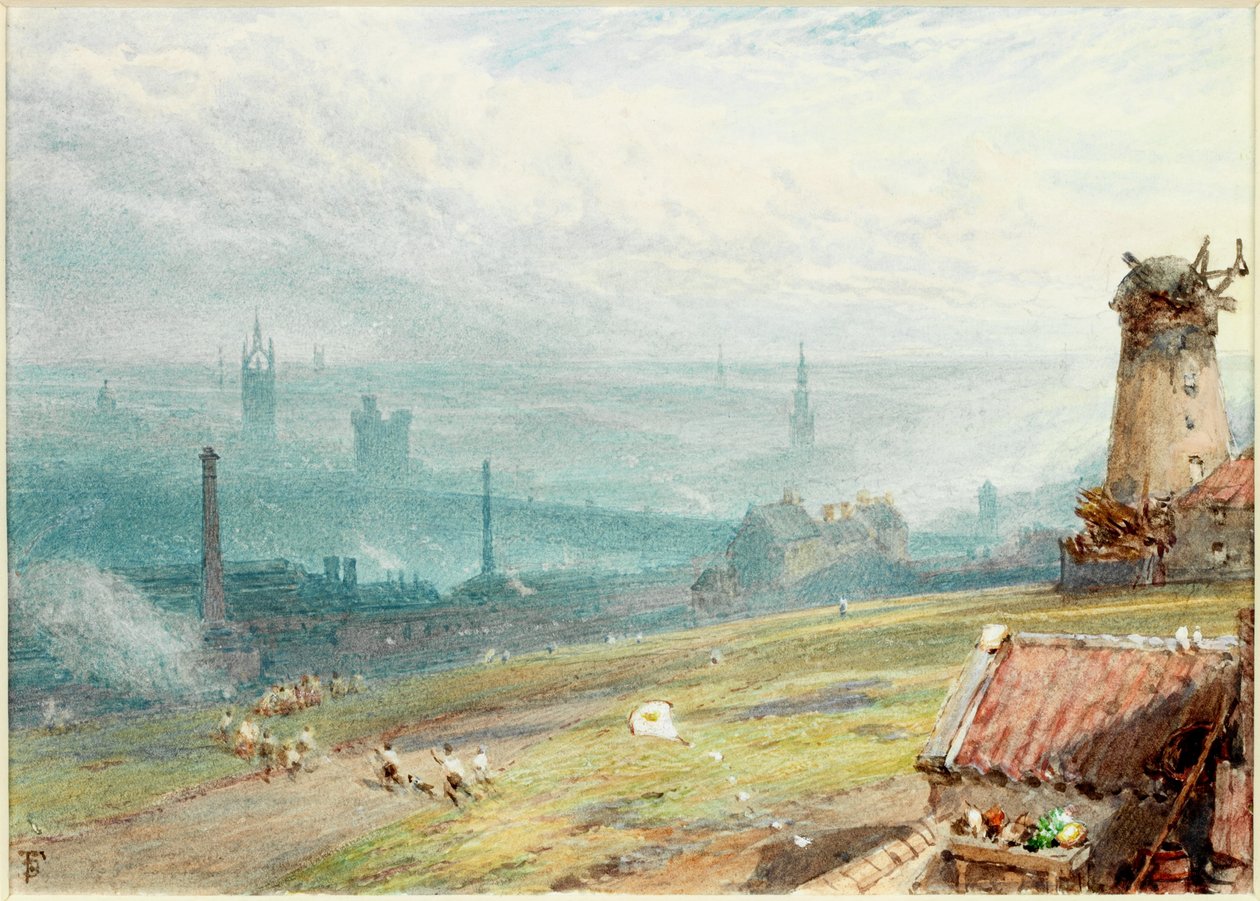 Newcastle upon Tyne från Windmill Hills, Gateshead (kroppsfärg och akvarell på papper (klistrad ombord)) av Myles Birket Foster