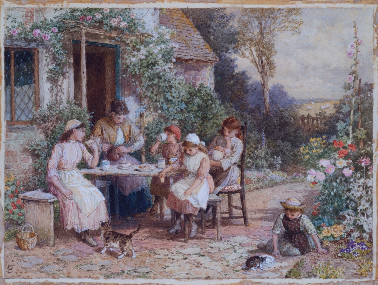 Teatime (penna och akvarell förhöjda med vitt på kort) av Myles Birket Foster