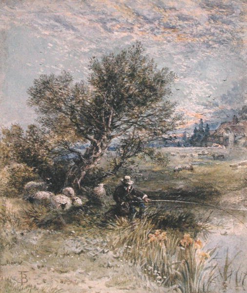 The Angler (akvarell med kroppsfärg på papper) av Myles Birket Foster