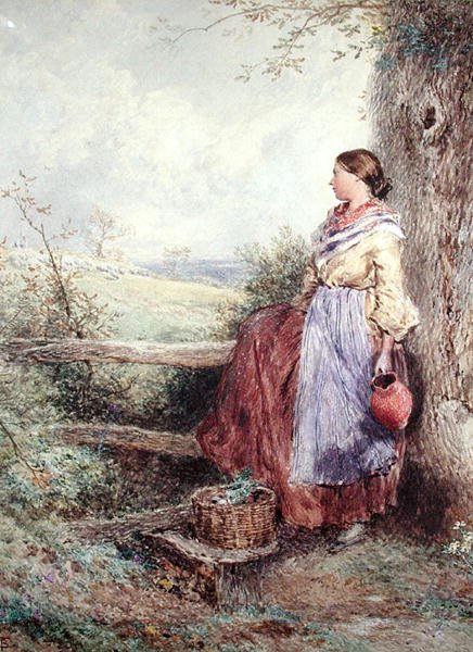The Milkmaid (akvarell & kroppsfärg på papper) av Myles Birket Foster
