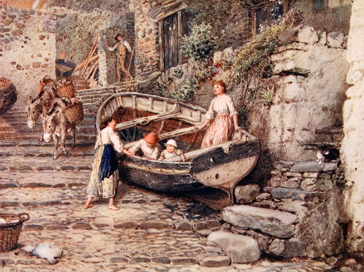 Utsikt över Clovelly, med strandsatt båt och figurer, 1882 av Myles Birket Foster