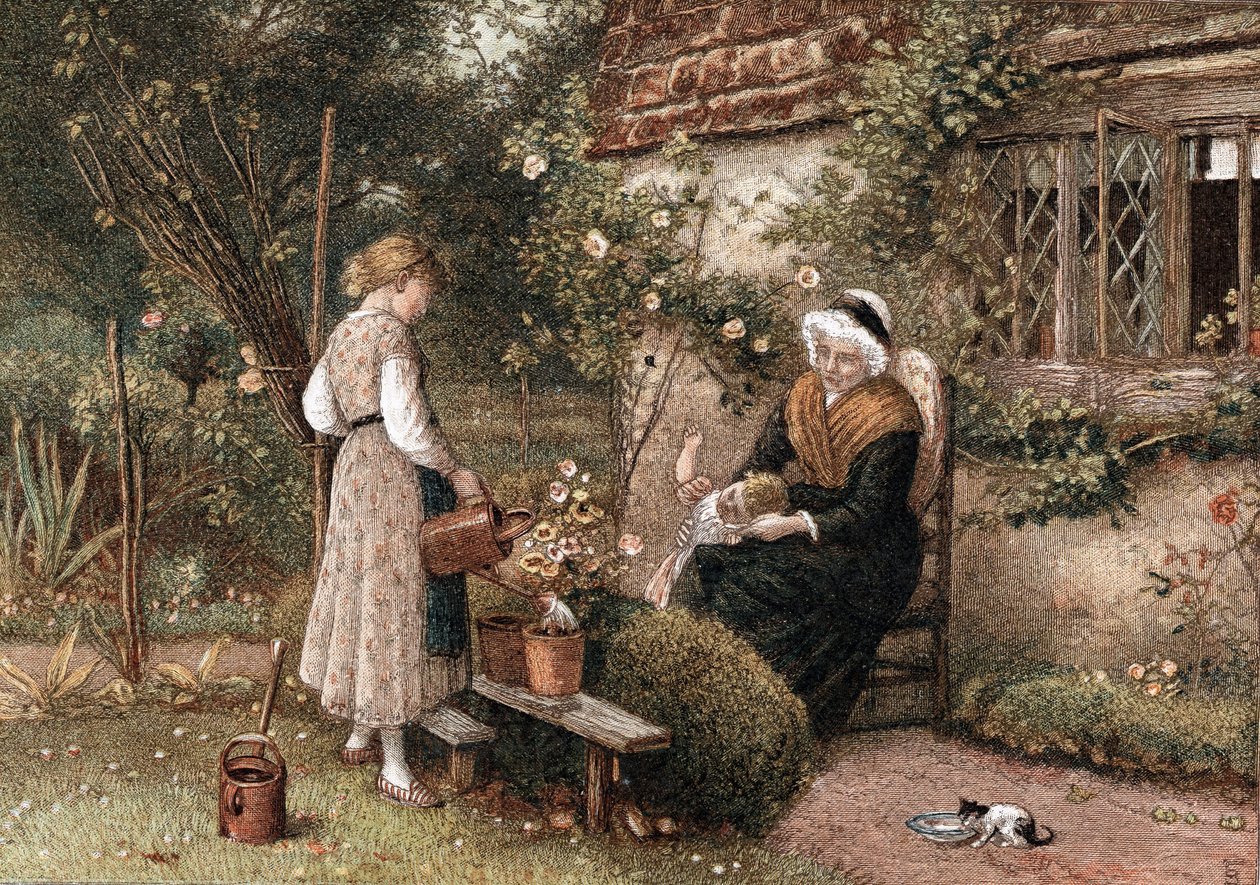 Ungdom och ålder. Kromolitografi efter målning av Myles Birkett Foster (1825-1899), engelsk konstnär, utgiven i London 1866. Mormor i spetsmössa sitter i stugträdgård med två barnbarn. Flickan använder vattenkanna för att vattna växt i kruka. Kattunge dric av Myles Birket Foster
