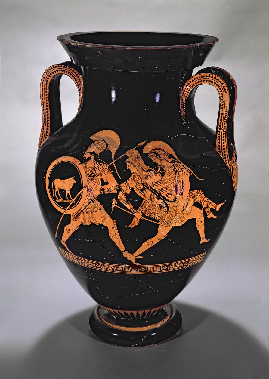 Attisk bukamfora med röd figur som visar bortförandet av Antiope med Theseus och Pirithous, ca 500-490 f.Kr. (keramik) av Myson