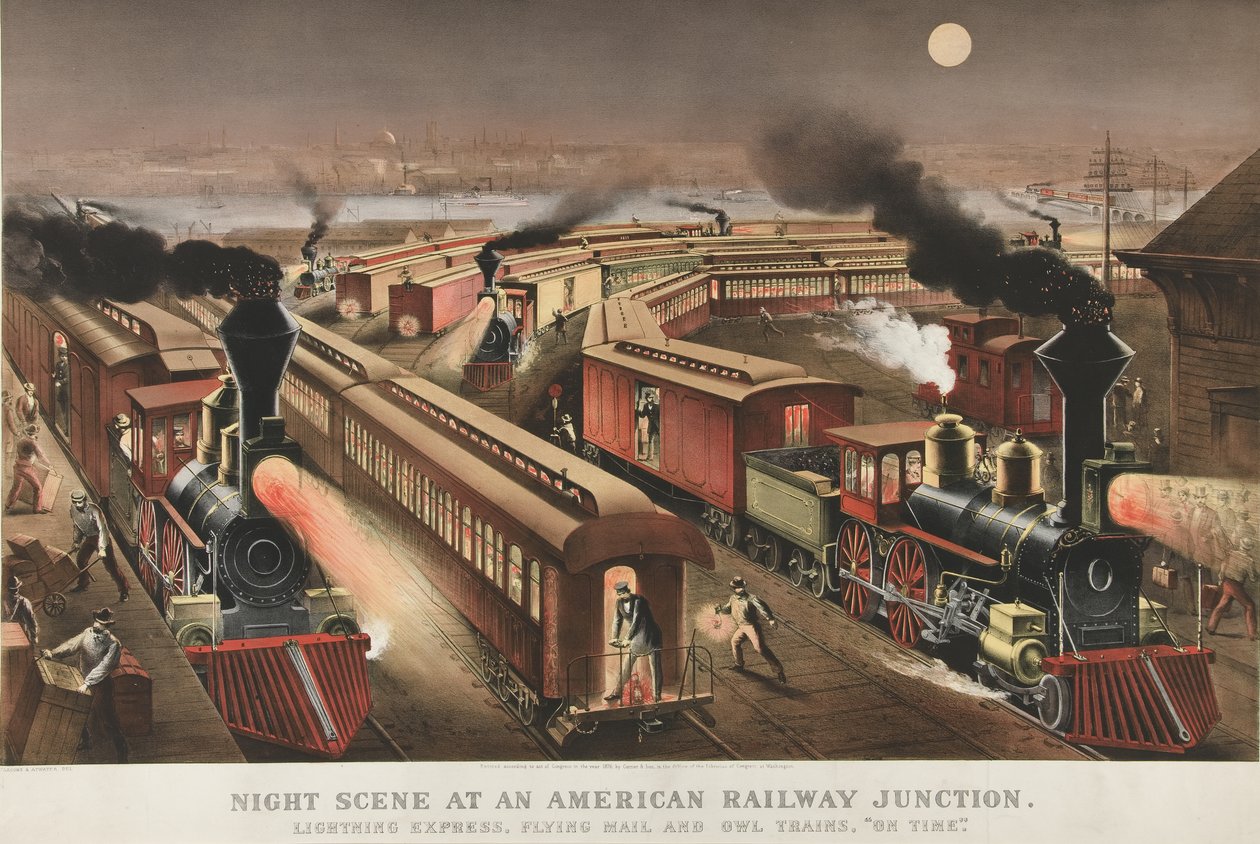 Nattscen vid en amerikansk järnvägsknut, 1876 av Nathaniel Currier