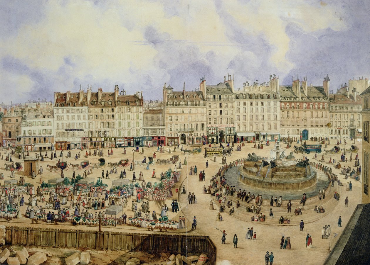 Utsikt över Place de la Republique och fontänen, 1848 (wc på papper) av N. Pelcocq