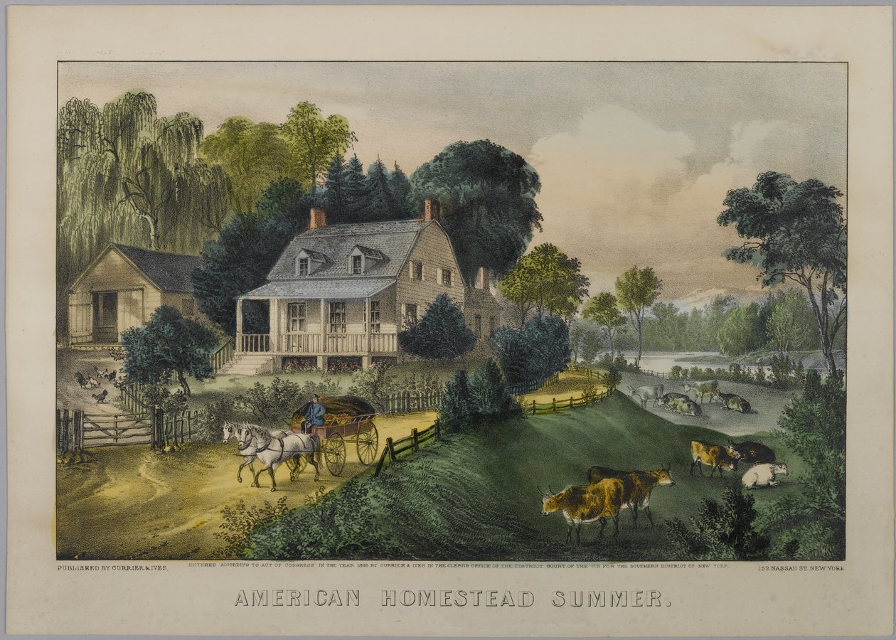 American Homestead Summer, 1868-69 (handfärgad litho) av N. and Ives, J.M. Currier