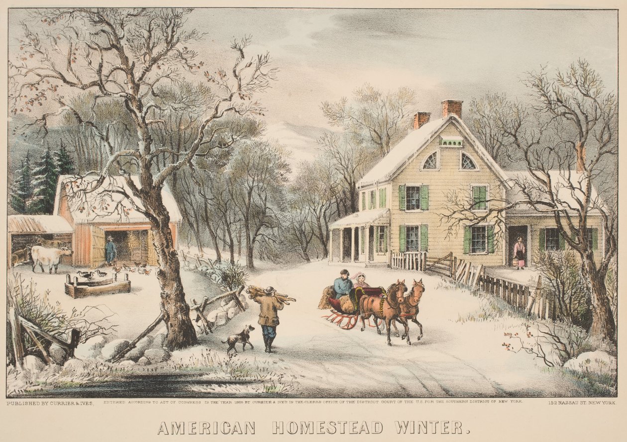 American Homestead Winter, 1868 (färgad litho) av N. and Ives, J.M. Currier