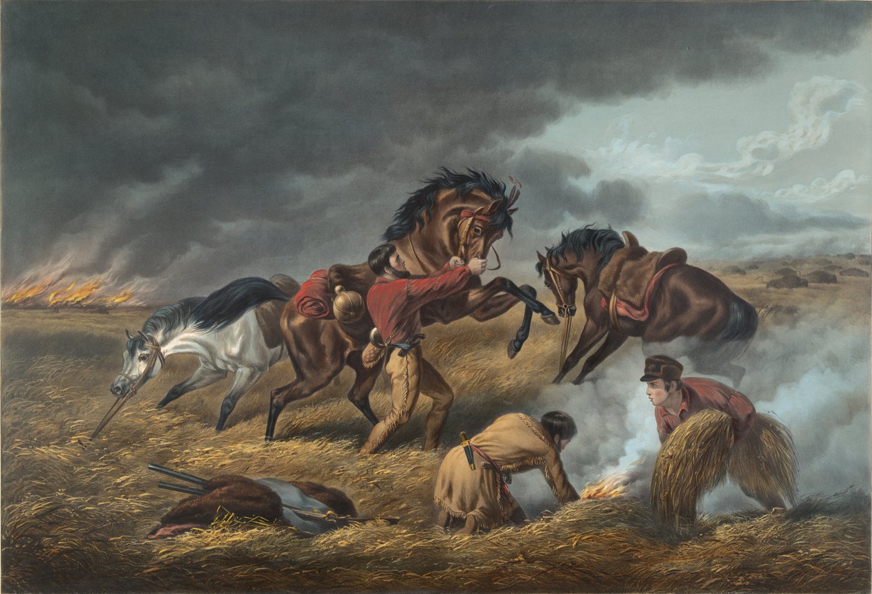 Life on the Prairie: The Trappers försvar, "Fire fight Fire, 1862 av N. and Ives, J.M. Currier