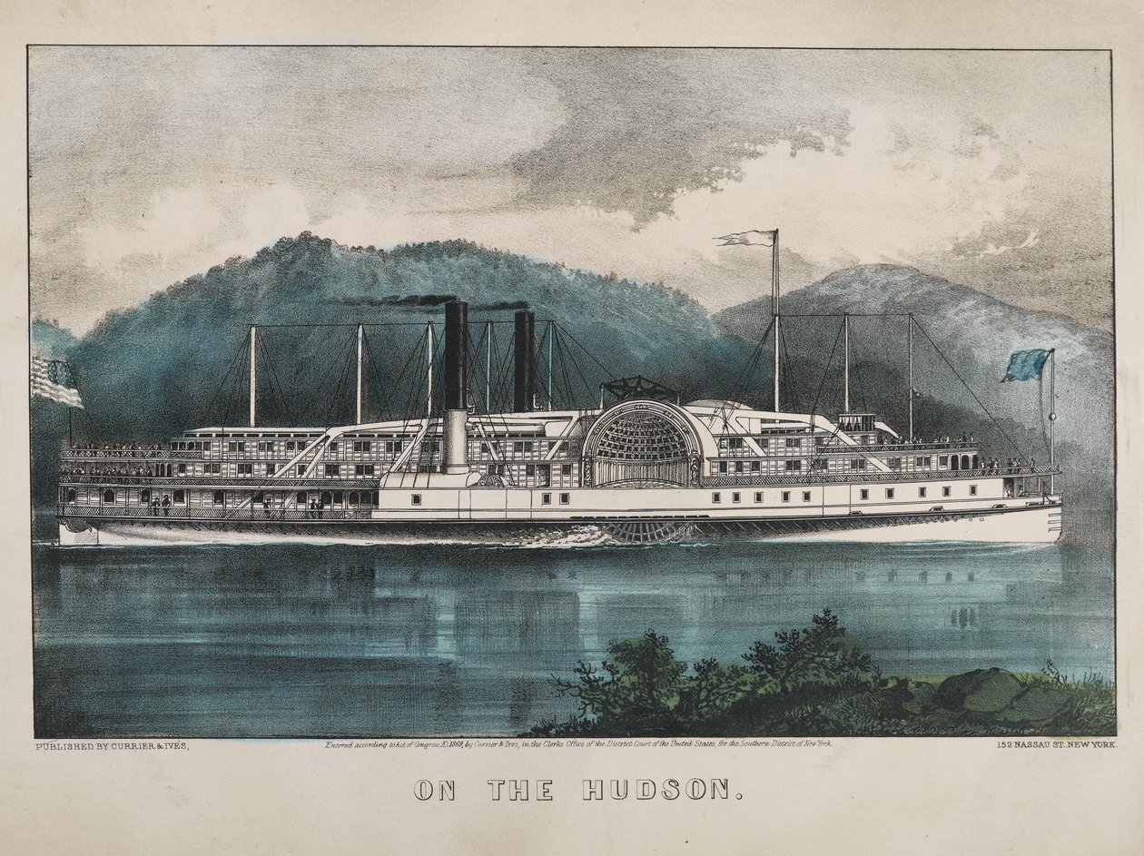 On the Hudson, 1869 (handfärgad litho) av N. and Ives, J.M. Currier