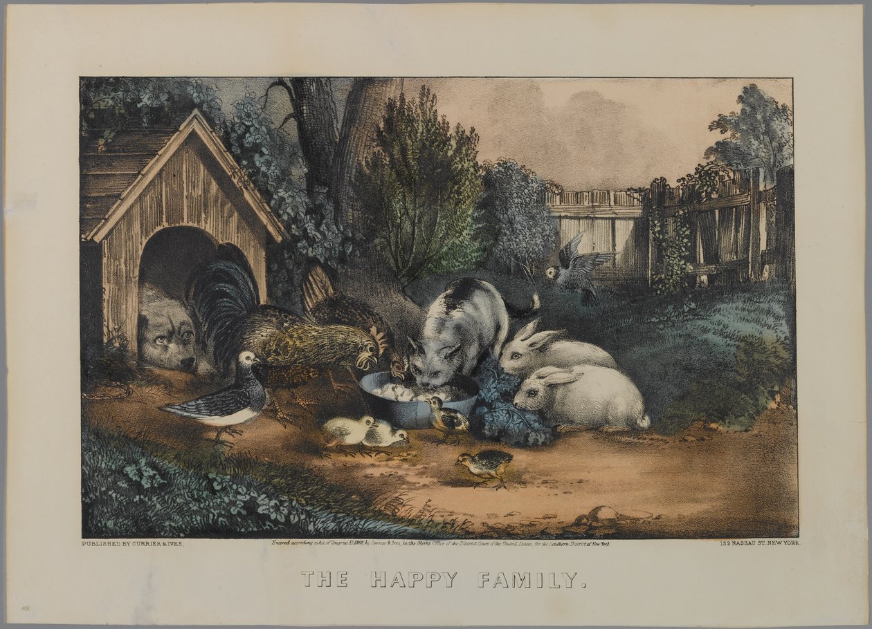 Den lyckliga familjen (handfärgad litho) av N. and Ives, J.M. Currier