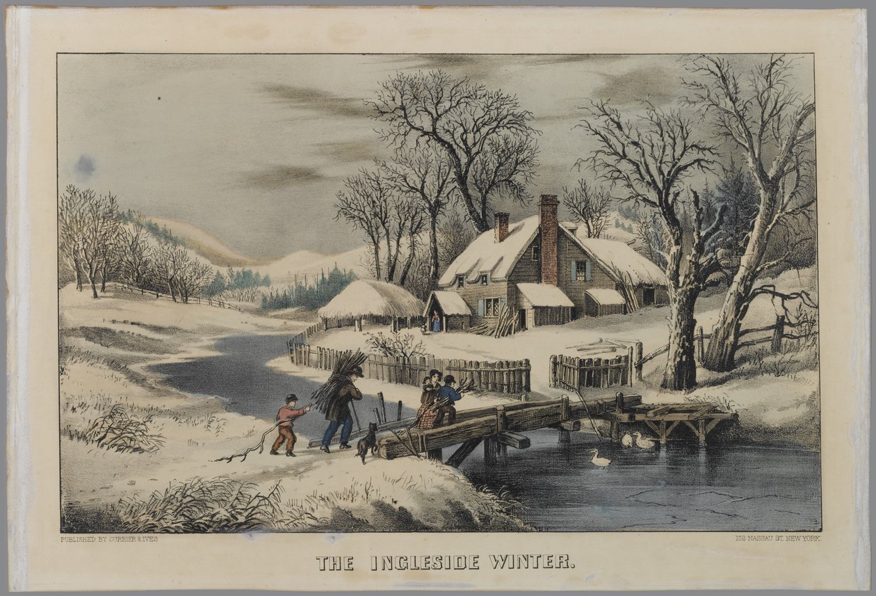 The Ingleside Winter (handfärgad litho) av N. and Ives, J.M. Currier