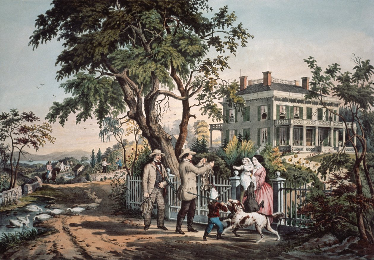 Amerikanskt lantliv - oktobereftermiddag, 1855 av N. and Ives, J.M. Currier