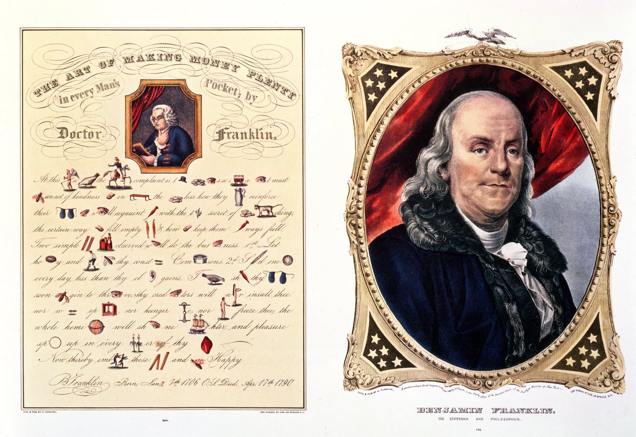 Benjamin Franklin (1706-90) 1847 (se även 210044) av N. and Ives, J.M. Currier