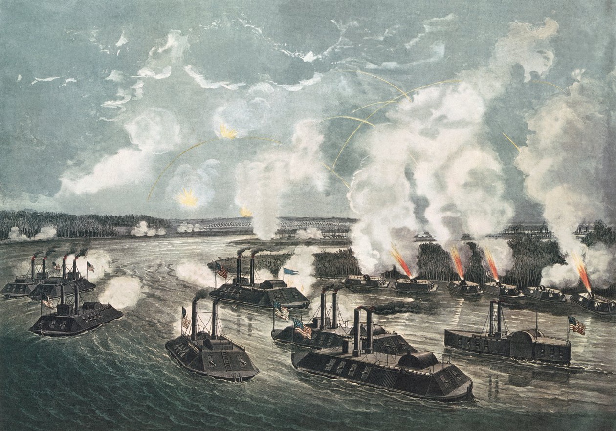 Bombardering och fångst av ön nr 10 vid Mississippifloden, 7 april 1862 av N. and Ives, J.M. Currier
