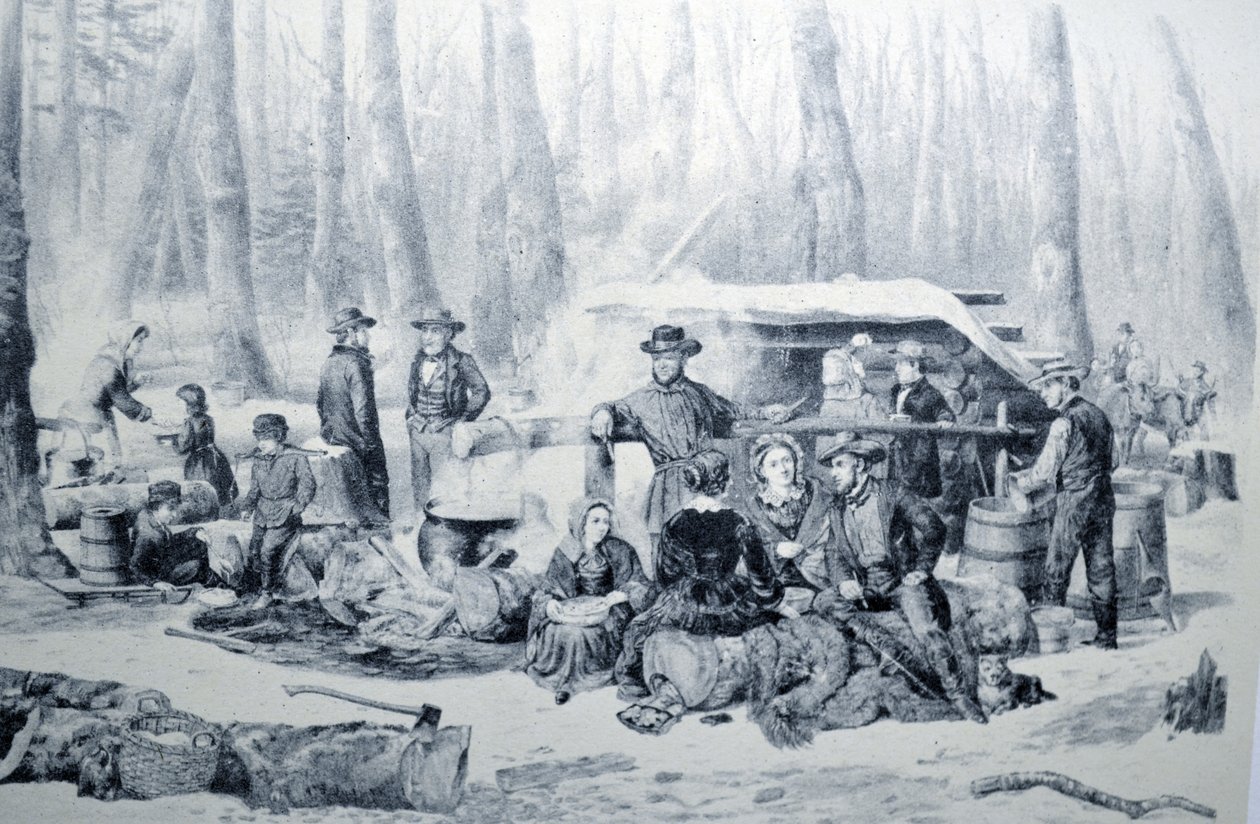 Currier & Ives Illustration 1800-talet. American Forest Scene, Maple Sugaring av N. and Ives, J.M. Currier