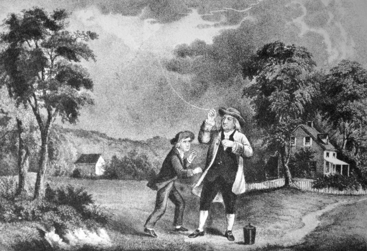 Currier & Ives Illustration 1800-talet. Franklins experiment, juni 1752 av N. and Ives, J.M. Currier