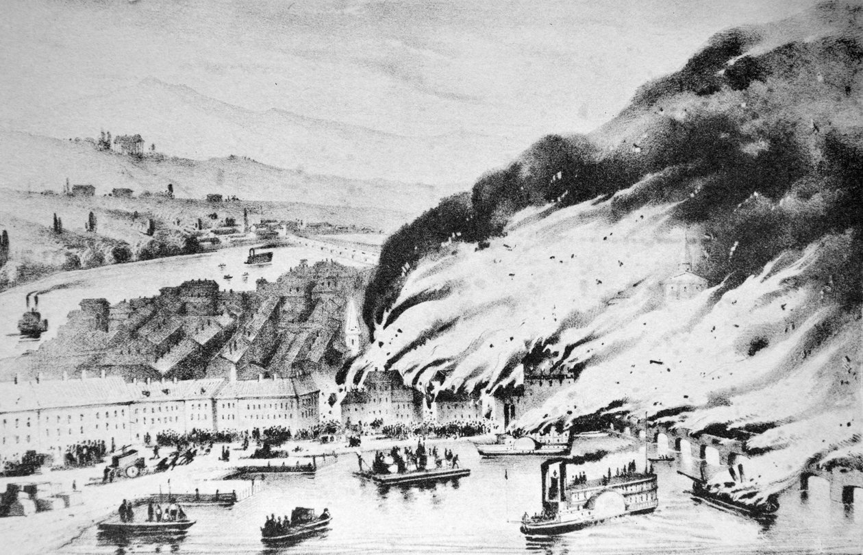 Currier & Ives Illustration 1800-talet. Stor brand i Pittsburgh, PA av N. and Ives, J.M. Currier