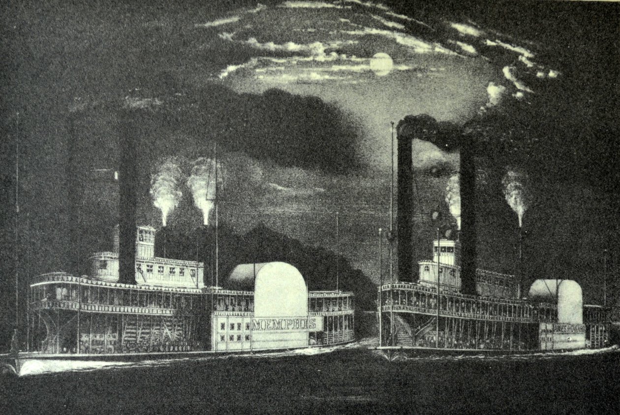 Currier & Ives Illustration 1800-talet. Midnattslopp på Mississippi av N. and Ives, J.M. Currier
