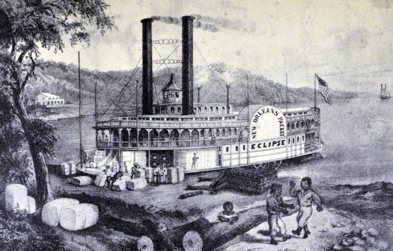 Currier & Ives Illustration 1800-talet. På Mississippi, laddar bomull av N. and Ives, J.M. Currier