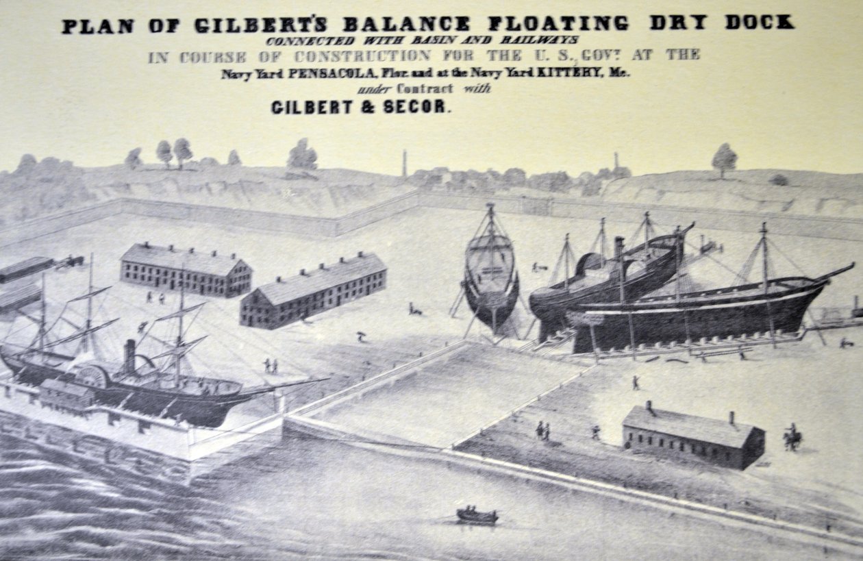 Currier & Ives Illustration 1800-talsplan av Gilberts Balance flytande torrdocka av N. and Ives, J.M. Currier