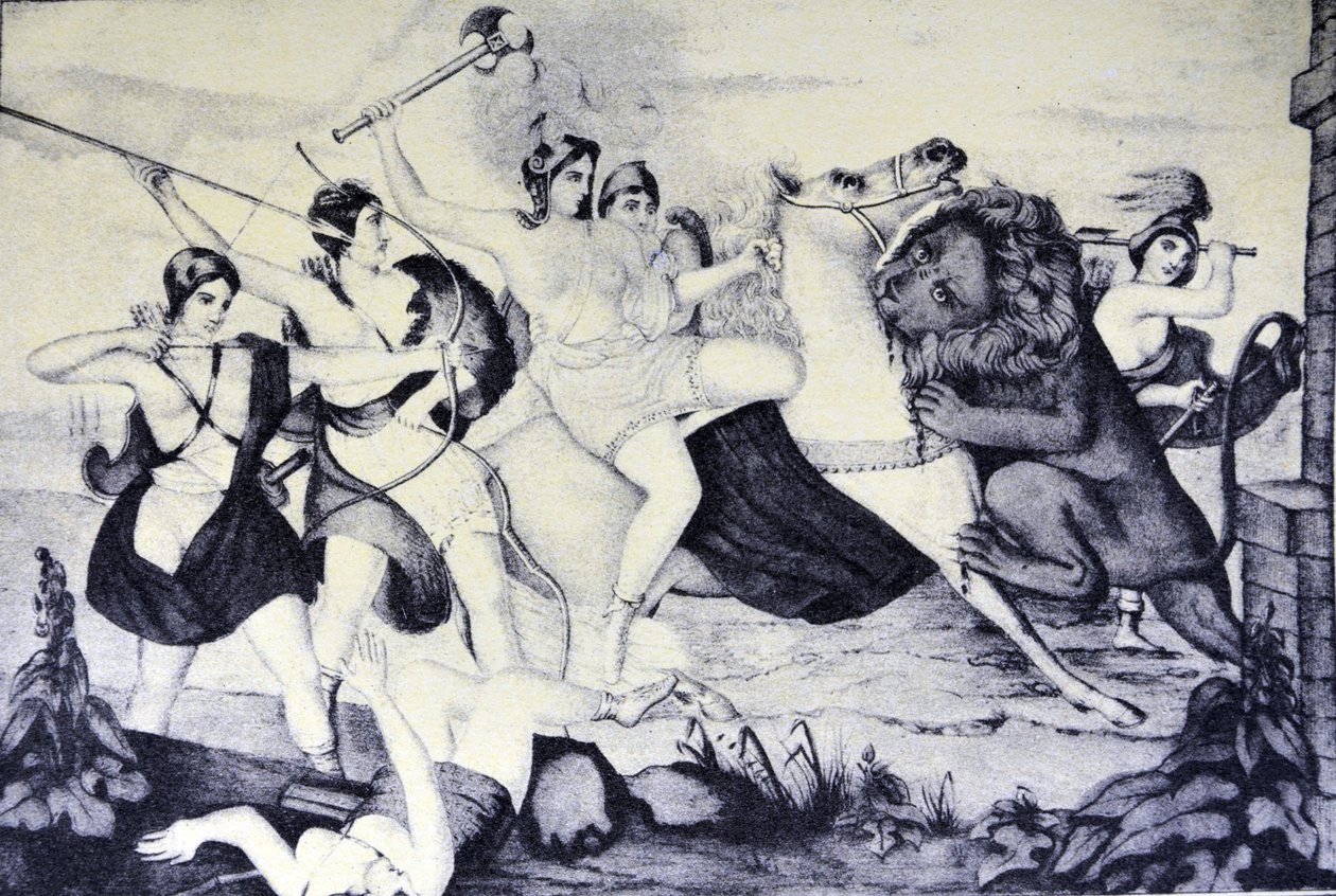 Currier & Ives Illustration 1800-talet. Amazonas drottning attackerad av ett lejon av N. and Ives, J.M. Currier