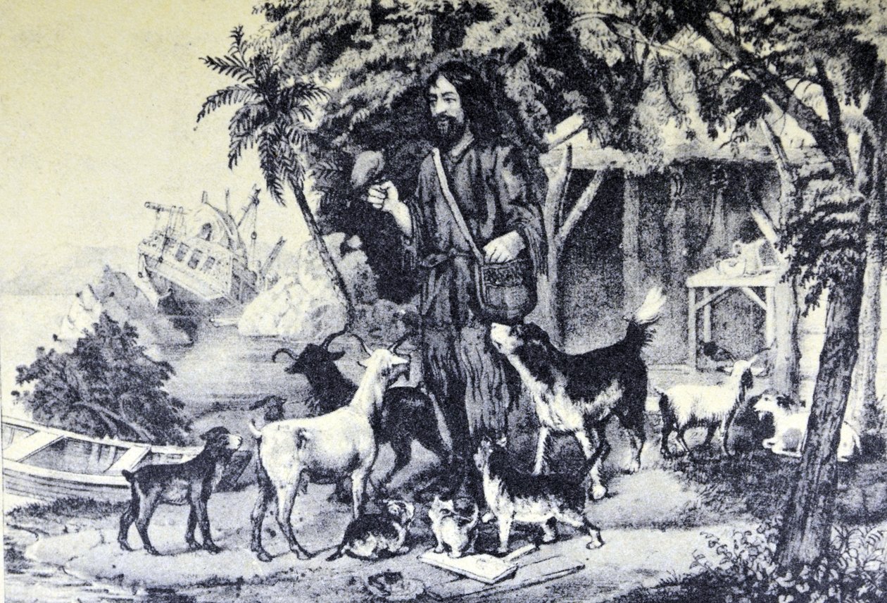 Currier & Ives Illustration 1800-talet. Robinson Crusoe och hans husdjur av N. and Ives, J.M. Currier