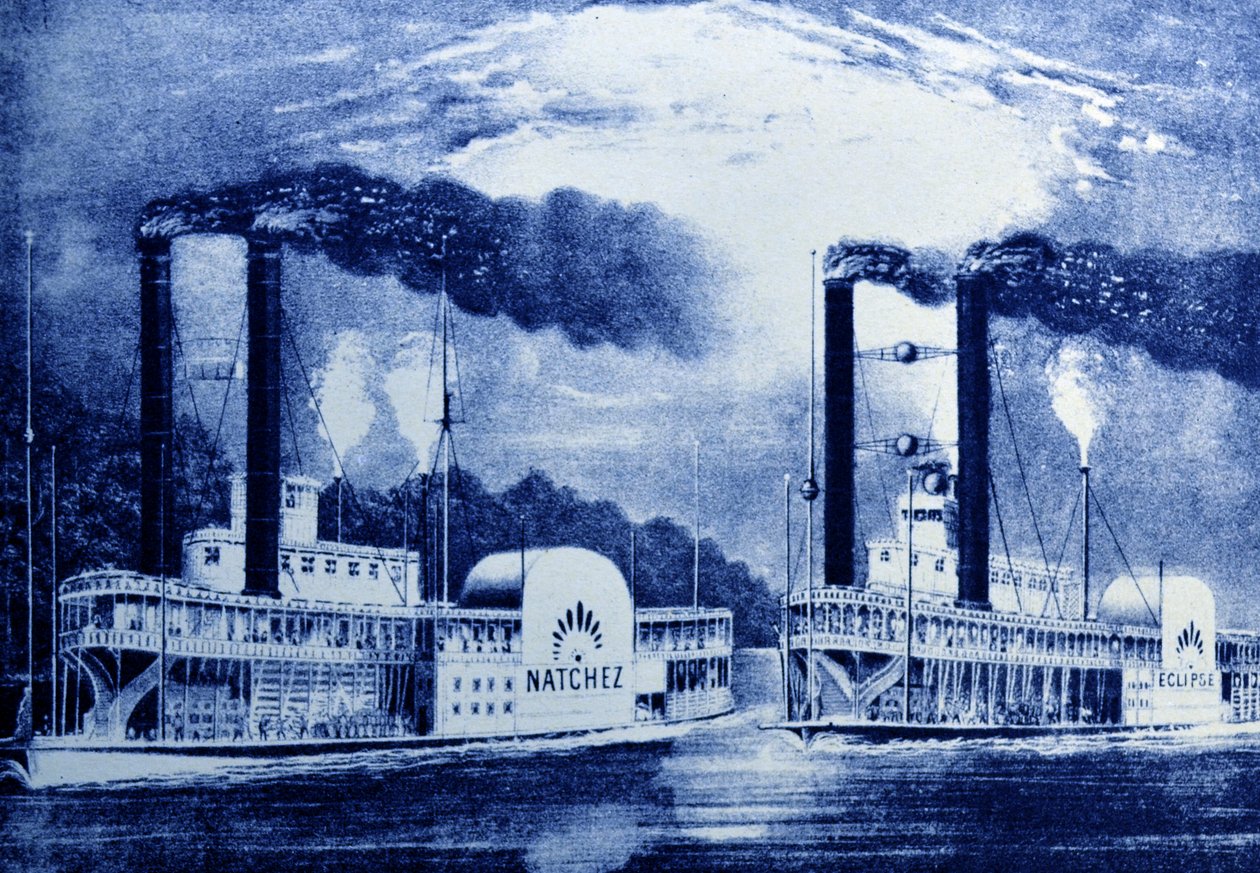Currier & Ives Illustration 1800-talet. Steamboat Race på Mississippi, Act IV, Scene III, Jarrett & Palmers Revival of Uncle Toms Cabin av N. and Ives, J.M. Currier