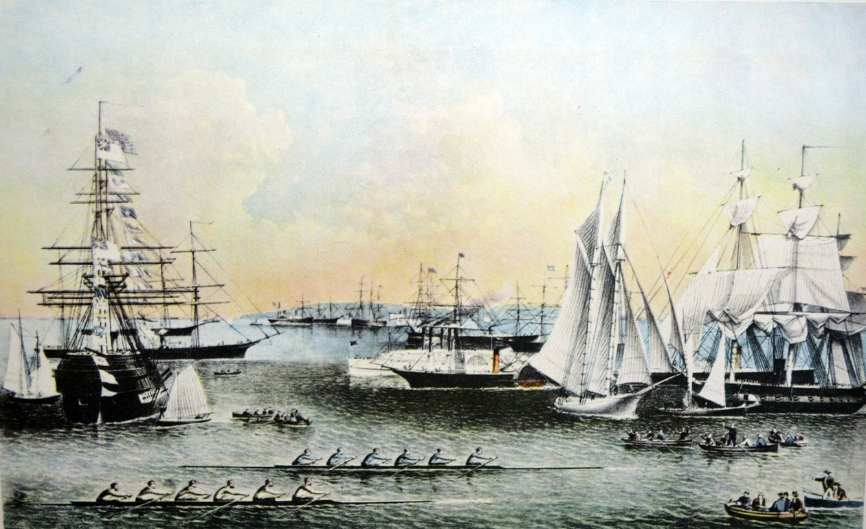 Currier & Ives Illustration 1800-talet. Sommarscener av fartyg i New Yorks hamn av N. and Ives, J.M. Currier