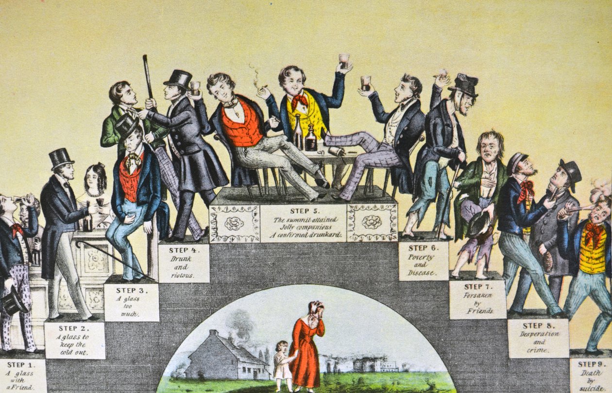 Currier & Ives Illustration 1800-talet. Drunkards framsteg, från första glaset till graven av N. and Ives, J.M. Currier