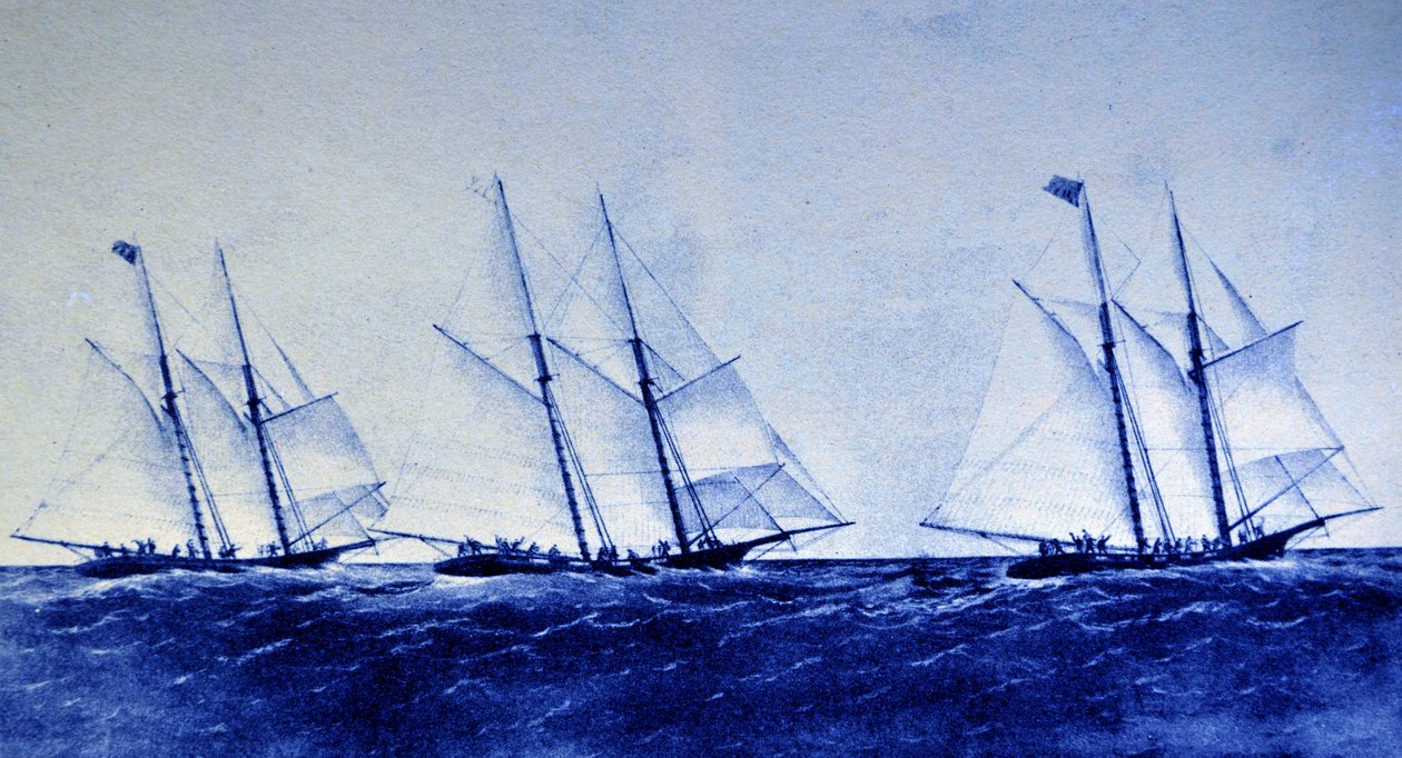 Currier & Ives Illustration 19:e århundradet. Den stora kappseglingen mellan Henrietta, Fleetwing och Vesta. av N. and Ives, J.M. Currier