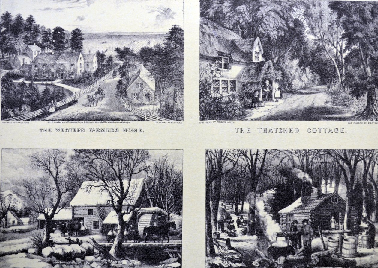 Currier & Ives Illustration 1800-talet. The Western Farmers Home; Halmtakstugan; Uppfryst; Maple Sugaring, tidig vår i norra skogen av N. and Ives, J.M. Currier