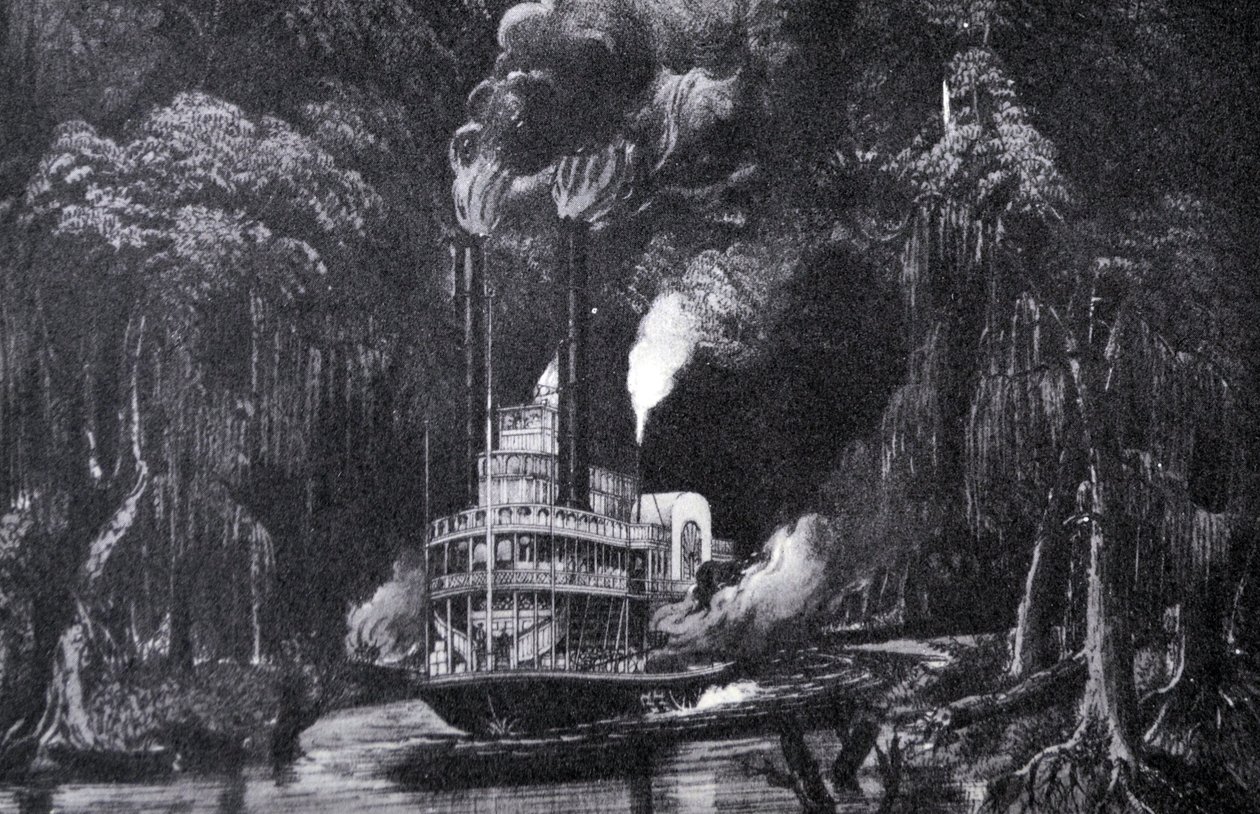 Currier & Ives Illustration 1800-talet. Genom Bayou med Torchlight av N. and Ives, J.M. Currier
