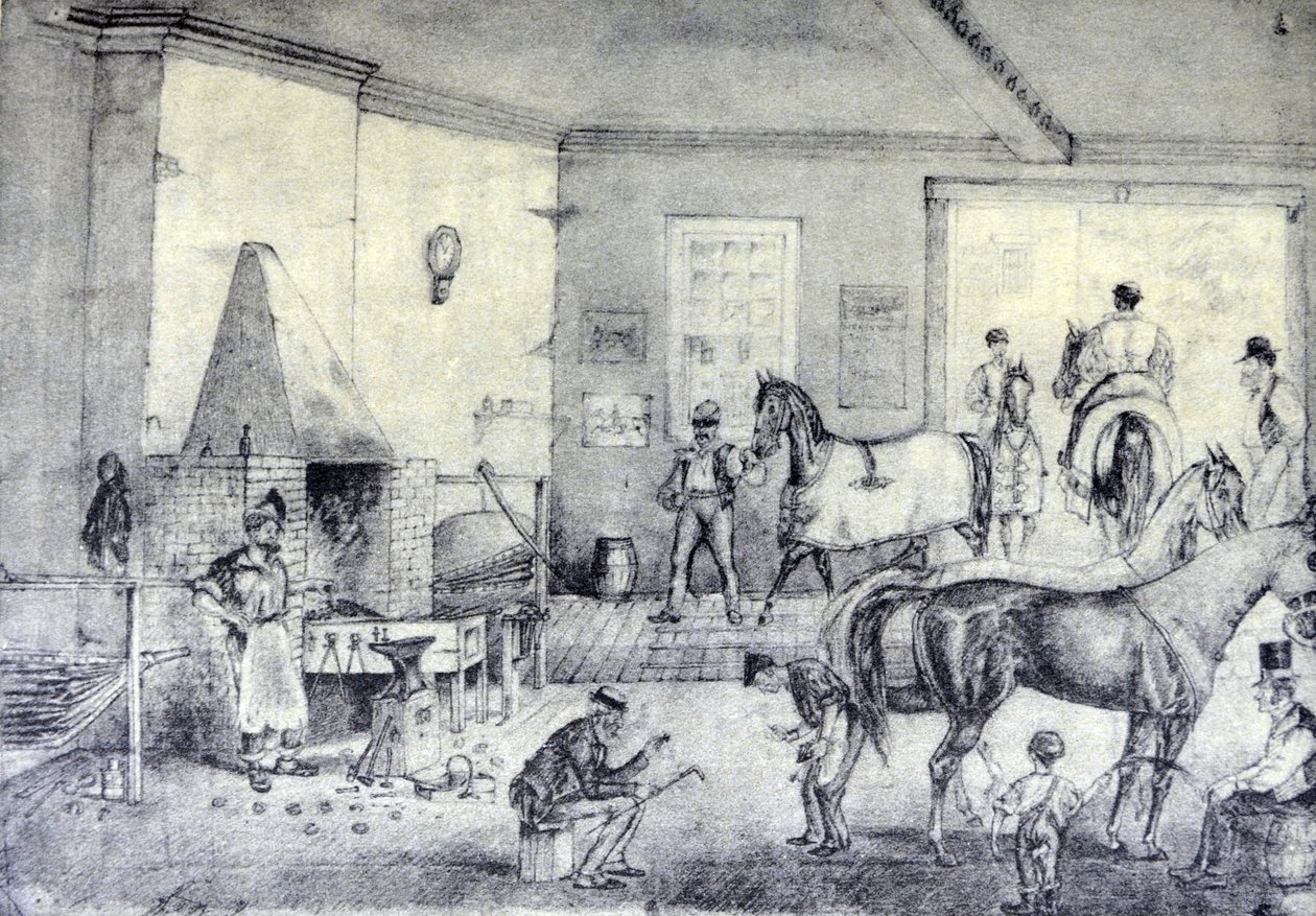 Currier & Ives Illustration 1800-talet. Travsprickor vid smedjan (originalteckning av Thomas Worth, från vilken trycket gjordes.) av N. and Ives, J.M. Currier