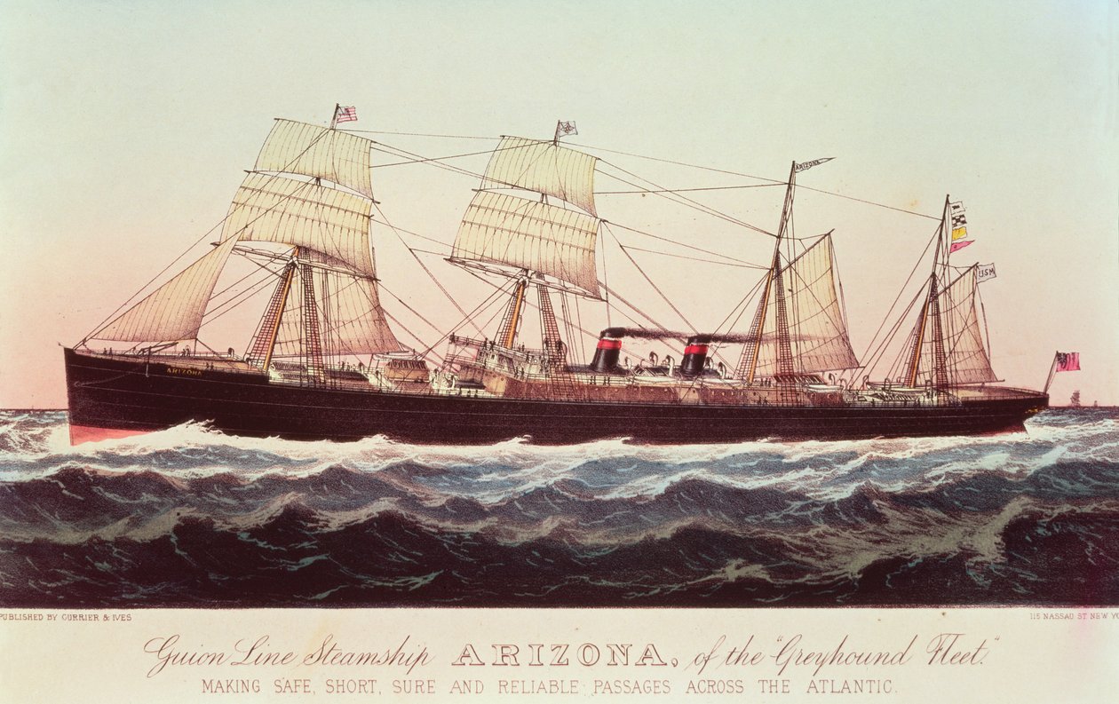 Guion Line Steamship Arizona, från "Greyhound Fleet", gör säkra, korta och pålitliga passager över Atlanten av N. and Ives, J.M. Currier
