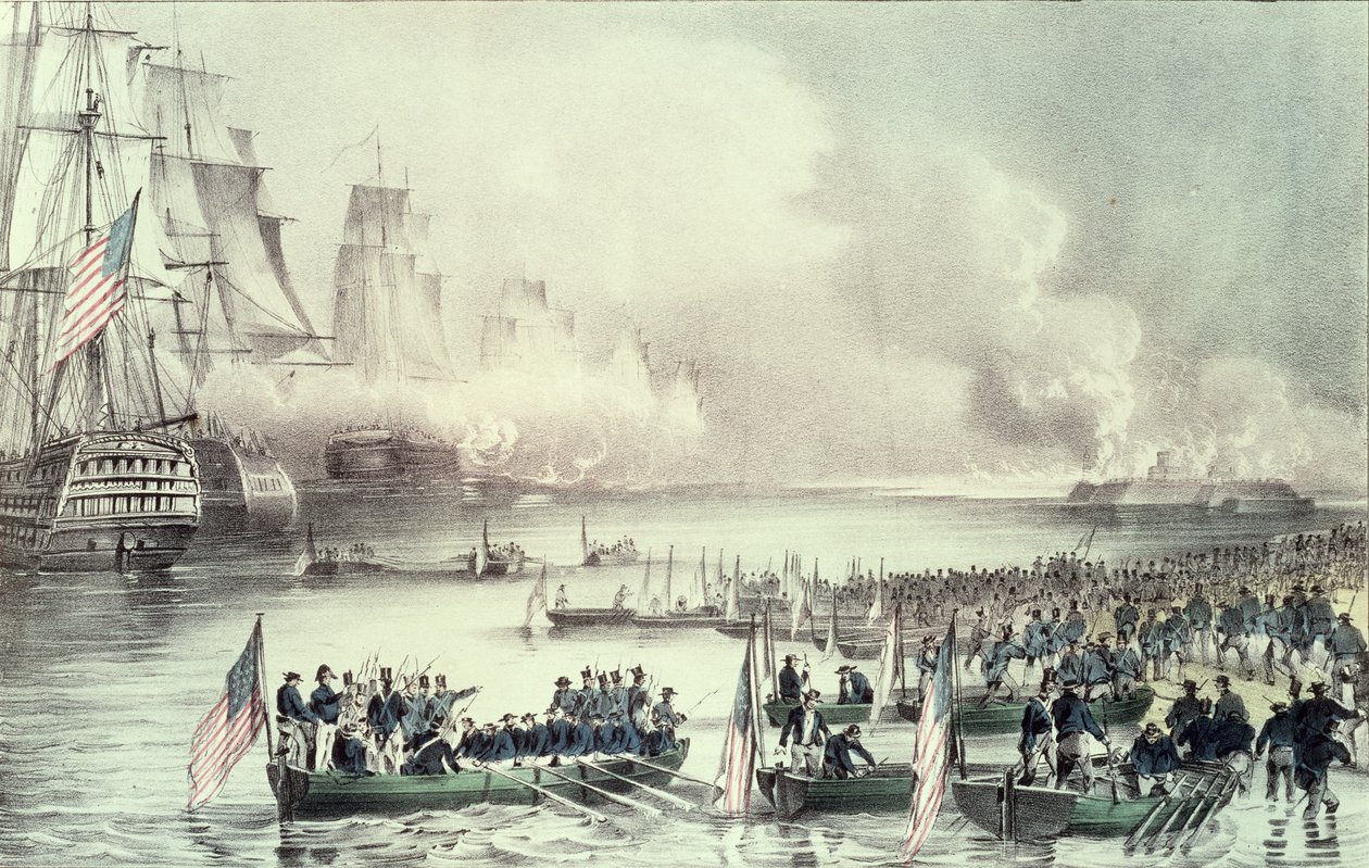 Landstigning av den amerikanska styrkan vid Vera Cruz, under general Scott, mars 1847 av N. and Ives, J.M. Currier