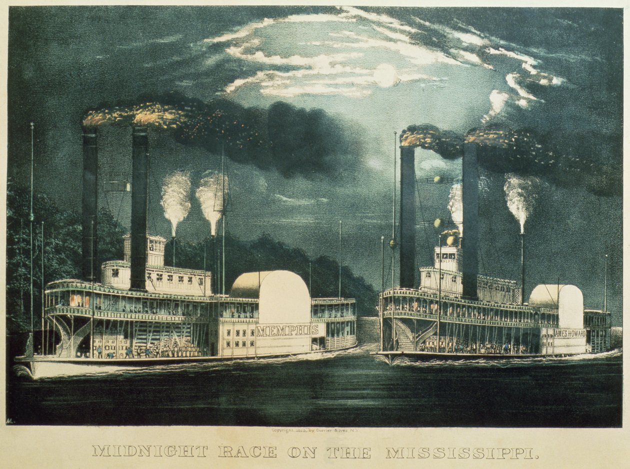 Midnattslopp på Mississippi, 1875 av N. and Ives, J.M. Currier