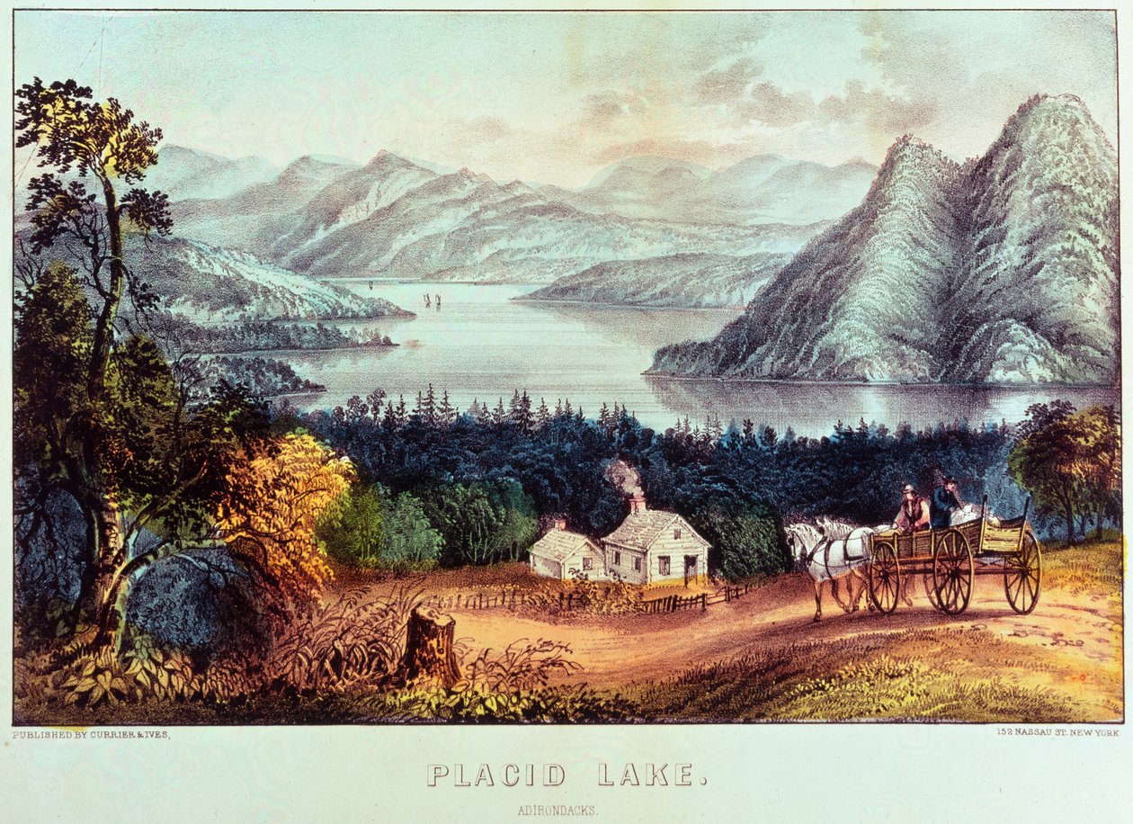 Lugn sjö, Adirondacks av N. and Ives, J.M. Currier