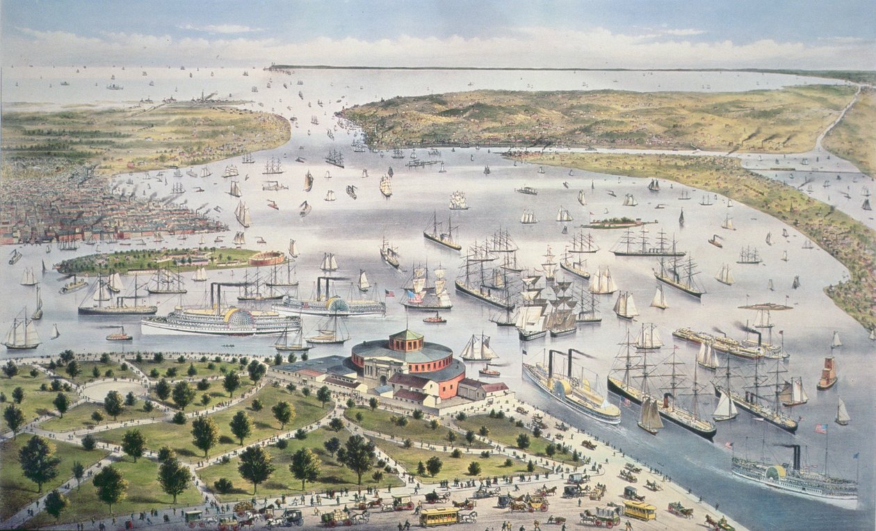 Port of New York, tittar söderut, ca 1880 av N. and Ives, J.M. Currier