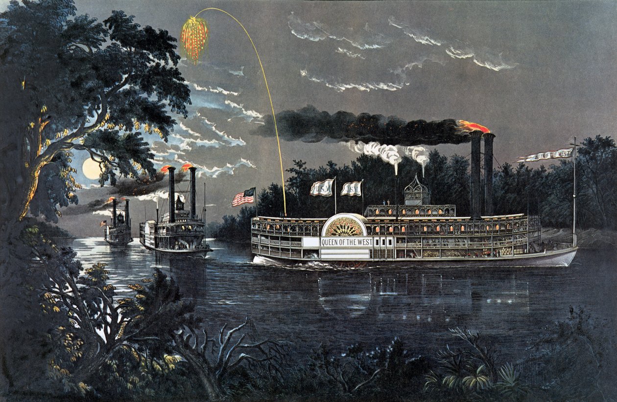 RL 27835 Rounding a Bend på Mississippi Steamboat Queen of the West av N. and Ives, J.M. Currier