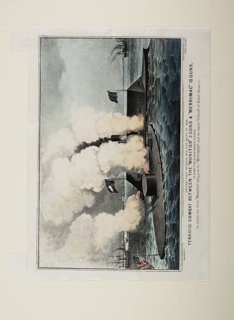 Fantastisk strid mellan Monitor med två kanoner och Merrimac med tio kanoner, omkring 1862. av N. and Ives, J.M. Currier